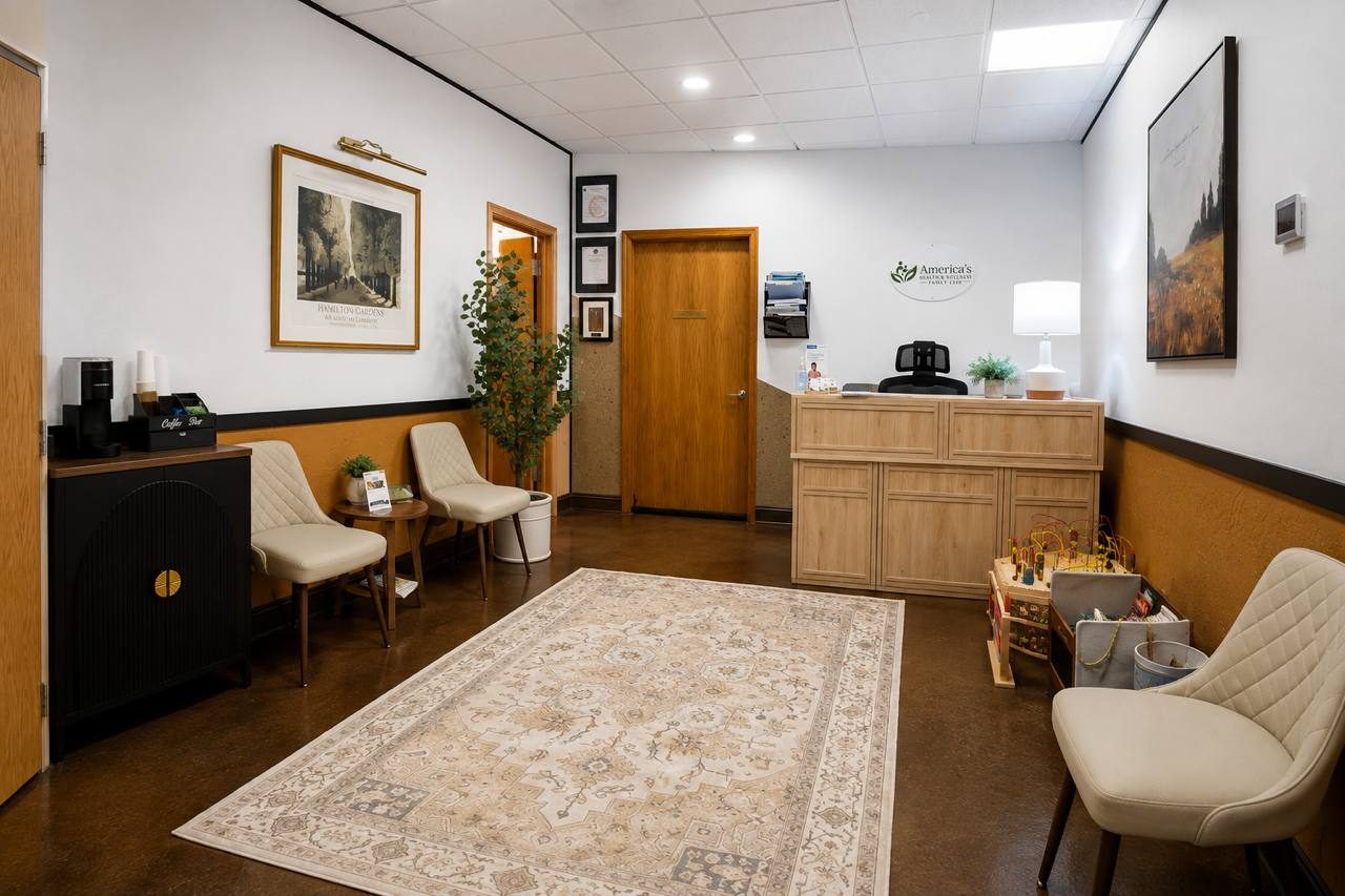 The warm, welcoming reception and waiting area at America's Health & Wellness in Corrales, New Mexico